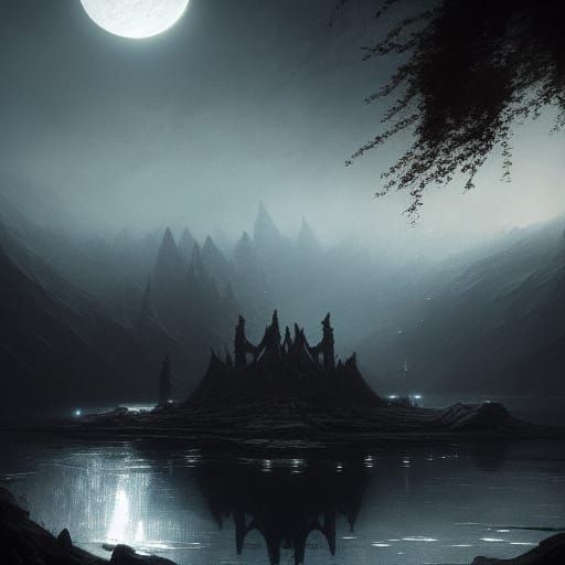 Moonlit Lake of Sunken Souls in Dark Fantasy Style