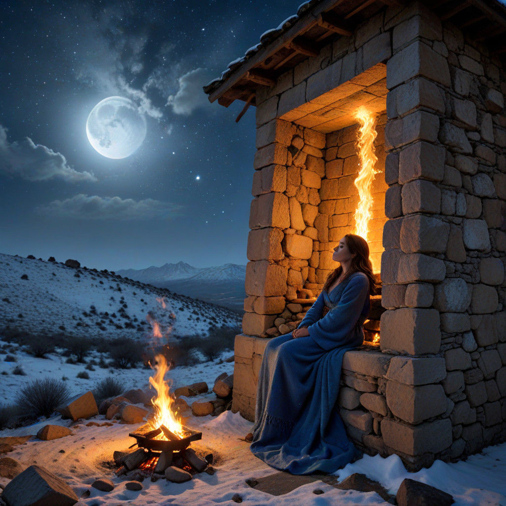 Cozy Cabin Scene with Magical Woman by the Fireplace