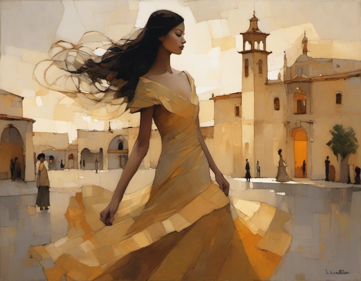 Ethereal Flamenco Dancer in Empty Plaza, Chiaroscuro Style