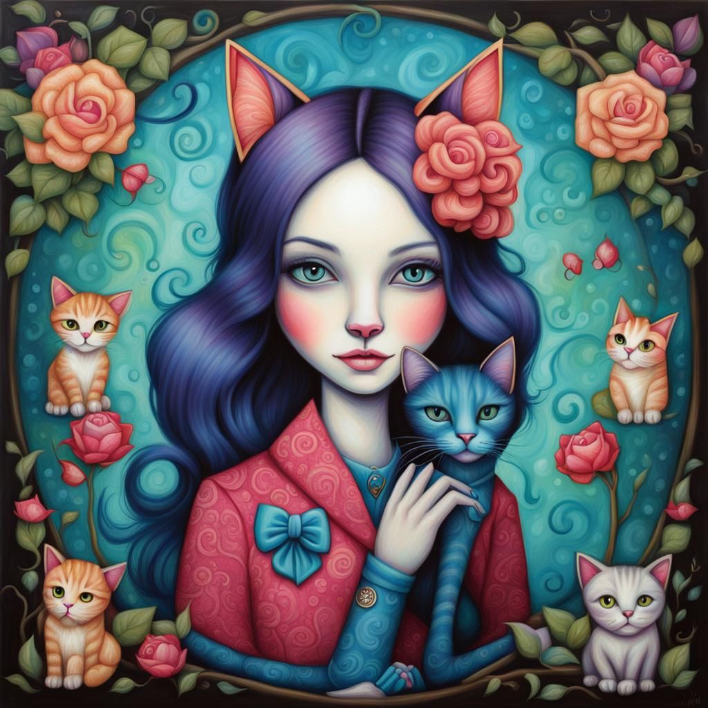 Whimsical Portrait of a Cat Lady