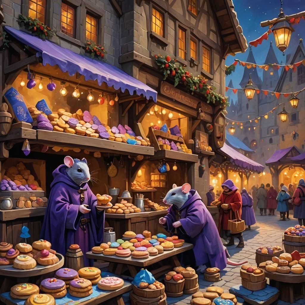 Festive Mouse Market Stall: Detailed Fantasy Art