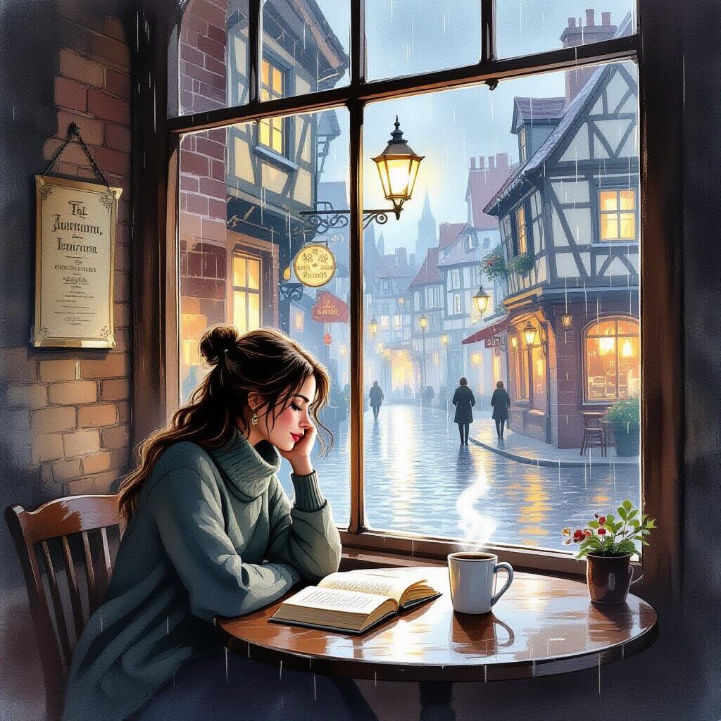 Cozy Tavern Scene: Woman Reading by Window in Gentle Rain