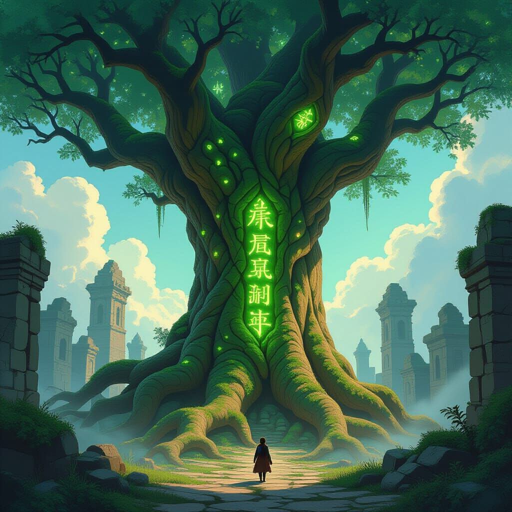 Ancient Runed Tree Illuminates Forgotten City Ruins