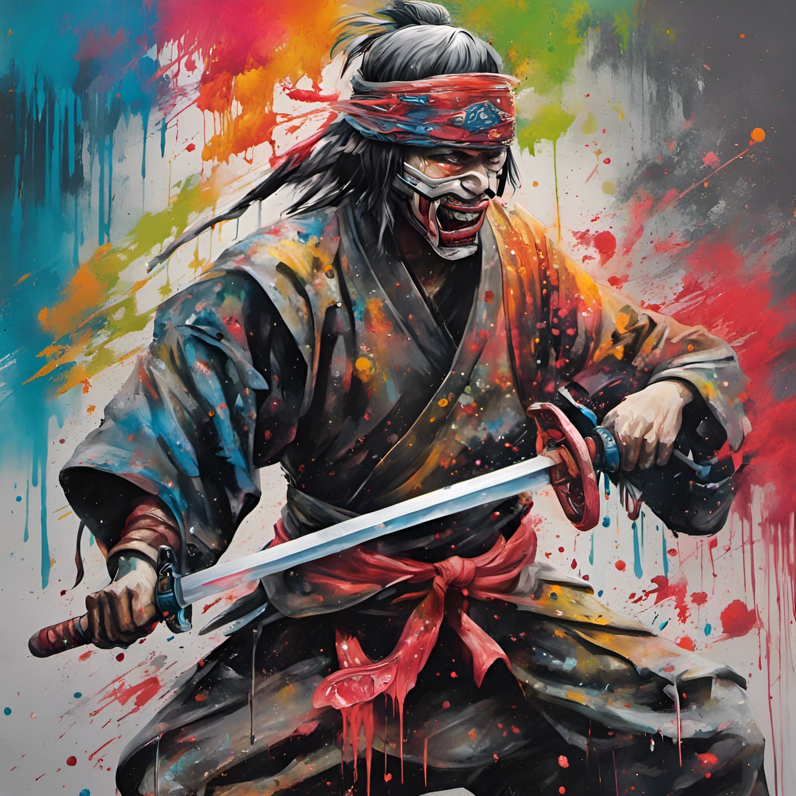 Japanese Warrior in Graffiti Art with Sword