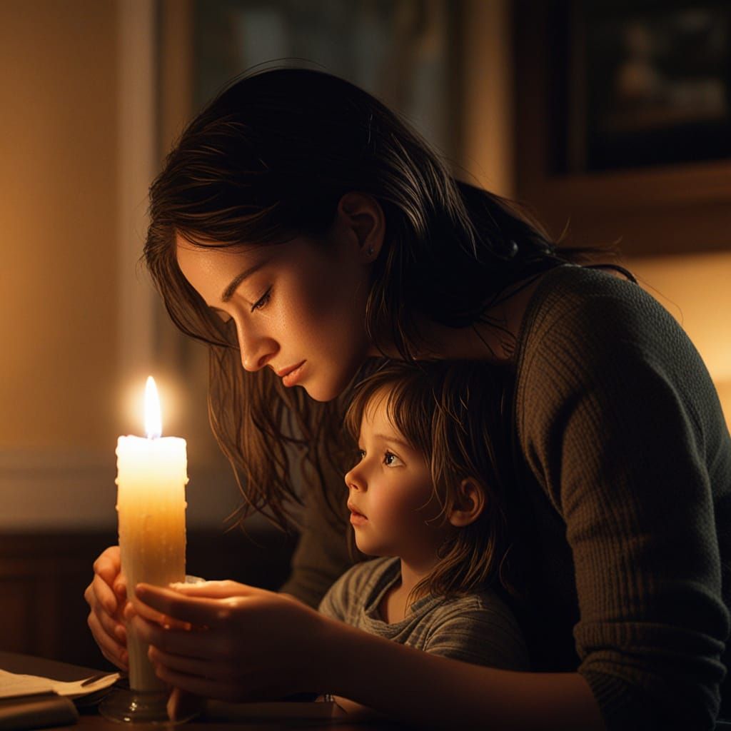 Mother's Sorrowful Vigil in a Dimly Lit Room