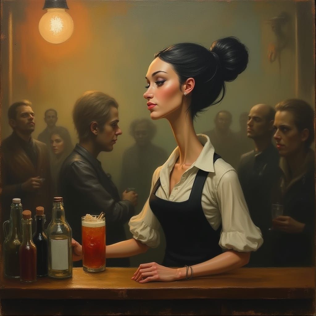 Surreal Bartender Serving Drinks in a Dreamlike Pub