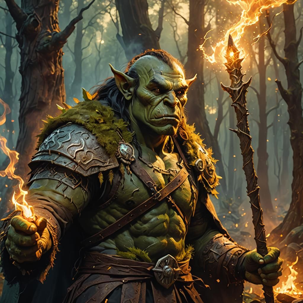 Orc Sorcerer Casting Magic in Ancient Forest