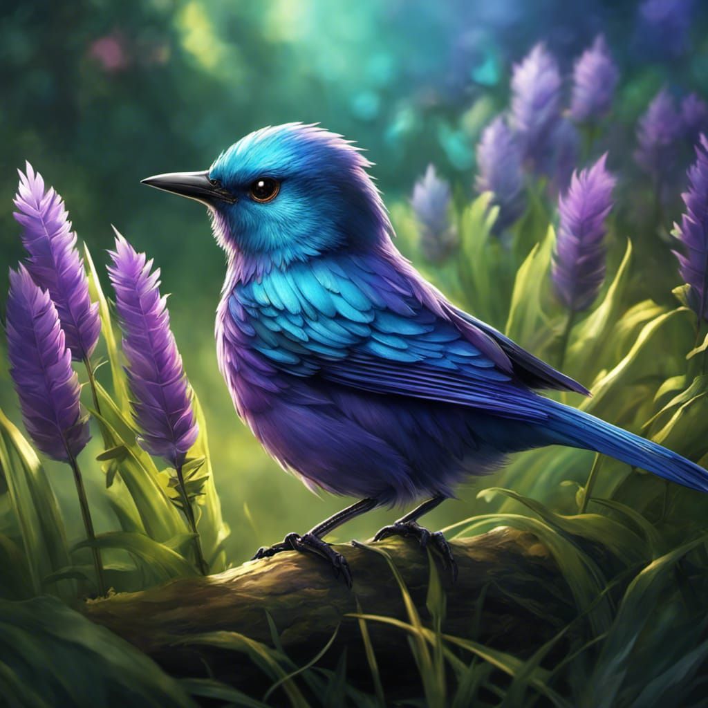 Cute Iridescent Bird in Lush Green Field