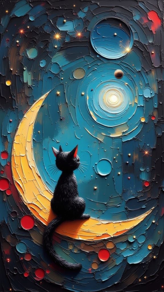Cat on Crescent Moon Gazing at Planet in Vibrant Impasto Sty...