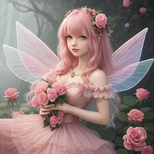 Ethereal Rose Fairy in a Floral Garden