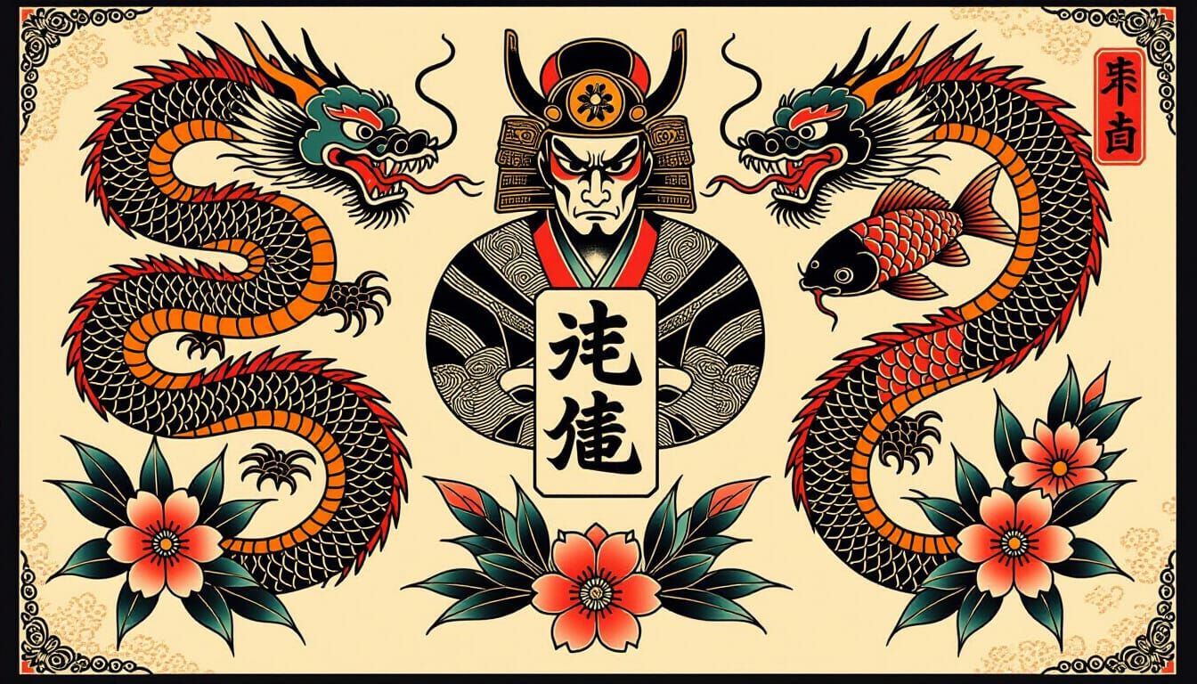 Yakuza Tattoo Designs on Vintage Japanese Flash Sheet