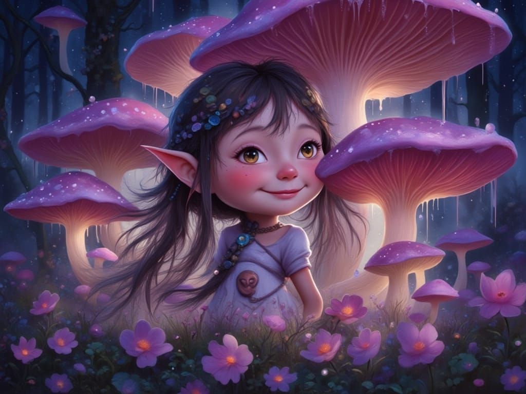 Happy Goblin Peeking from Bioluminescent Mushrooms
