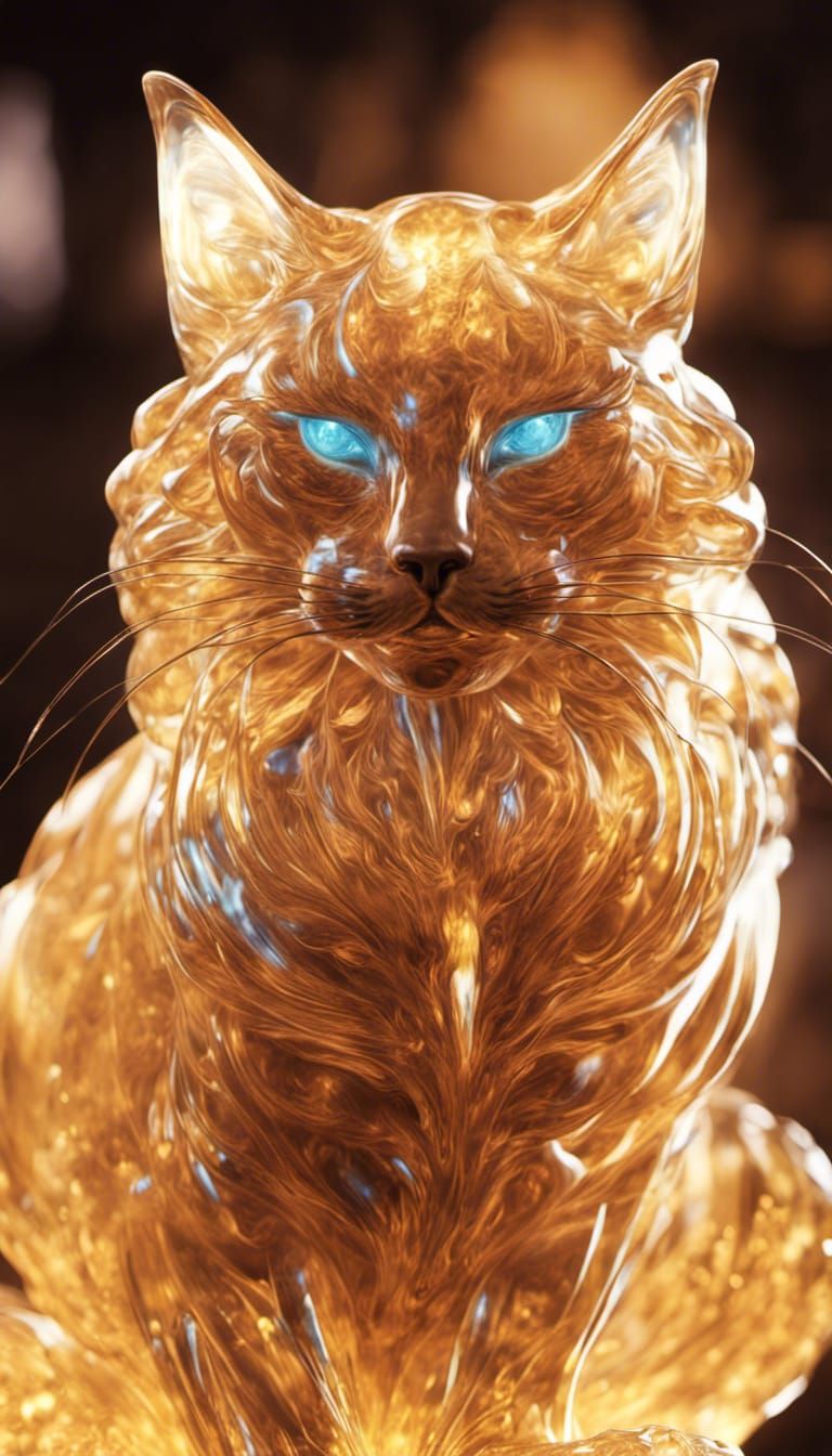 Glowing Crystal Cat Sculpture in Blown Glass