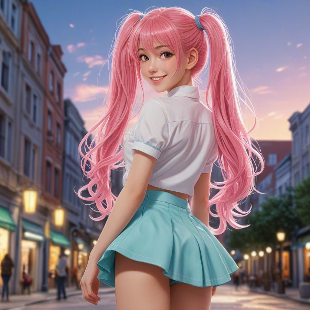 Cute Anime Girl with Pink Hair and Blue Eyes in Kawaii Style