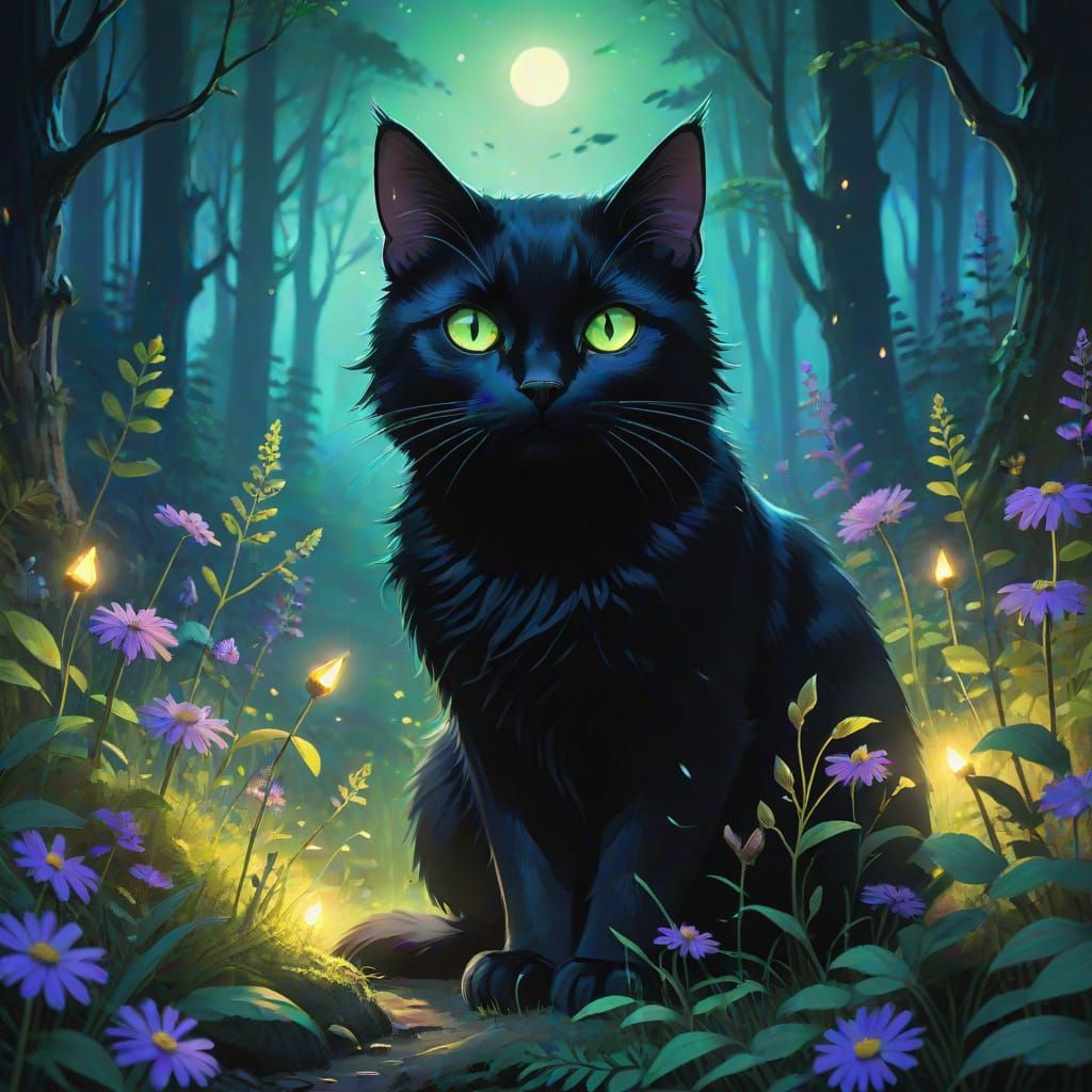 Mysterious Black Cat in Moonlit Forest Clearing