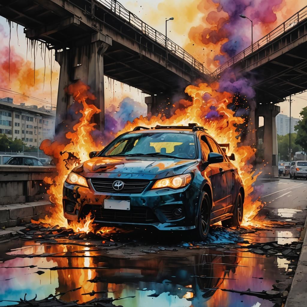 Burning Car Silhouette Under Bridge in Splash Art Style