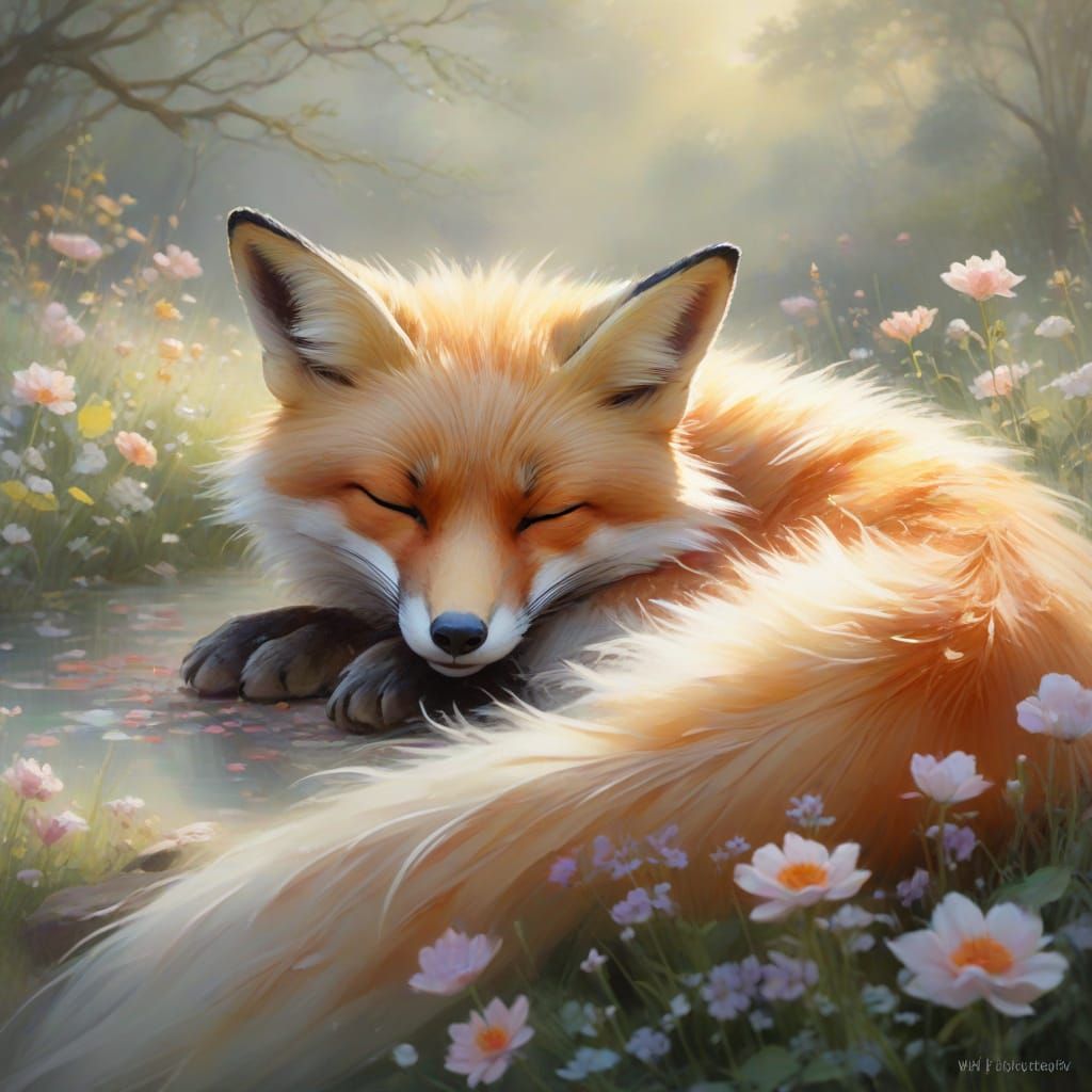 Fox Sleeping in Misty Twilight Garden Painting