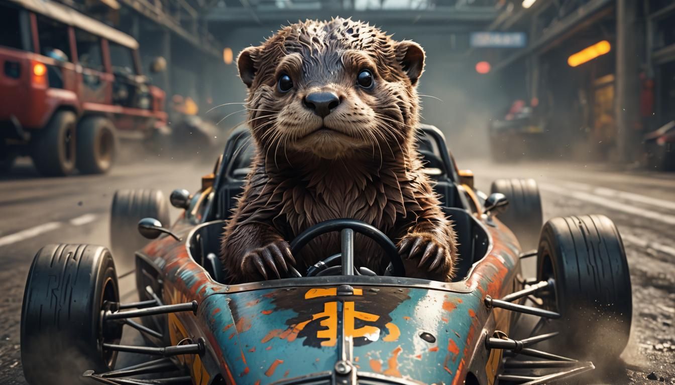 Cute Otter in Race Car: Detailed Fantasy Art