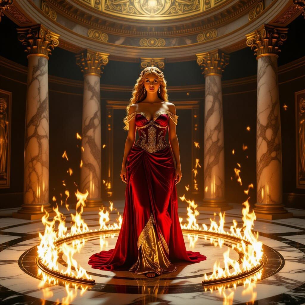 Baroque Aphrodite in Marble Hall with Golden Flames