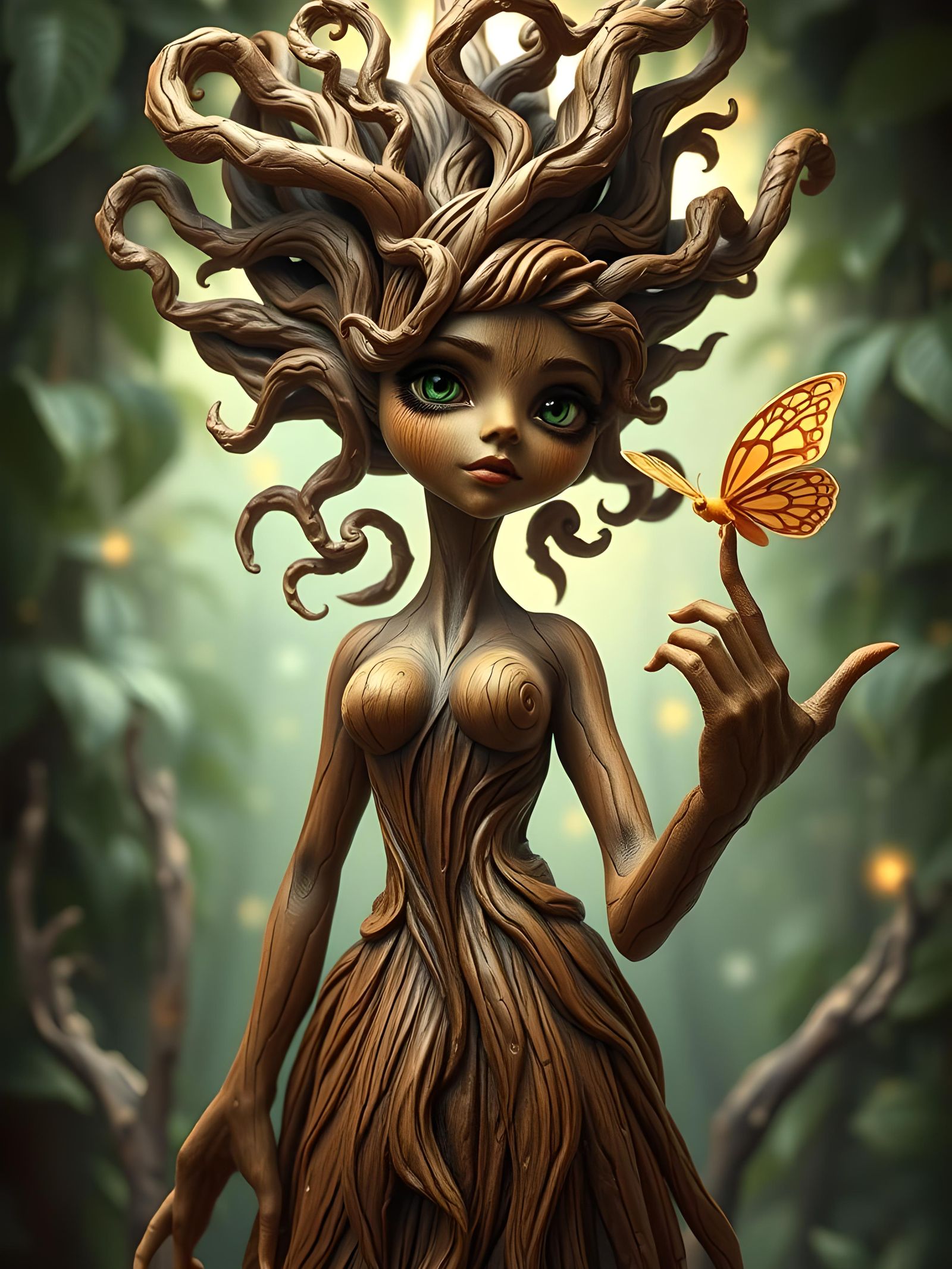 Wooden Tree Creature with Butterfly in Dreamlike Forest