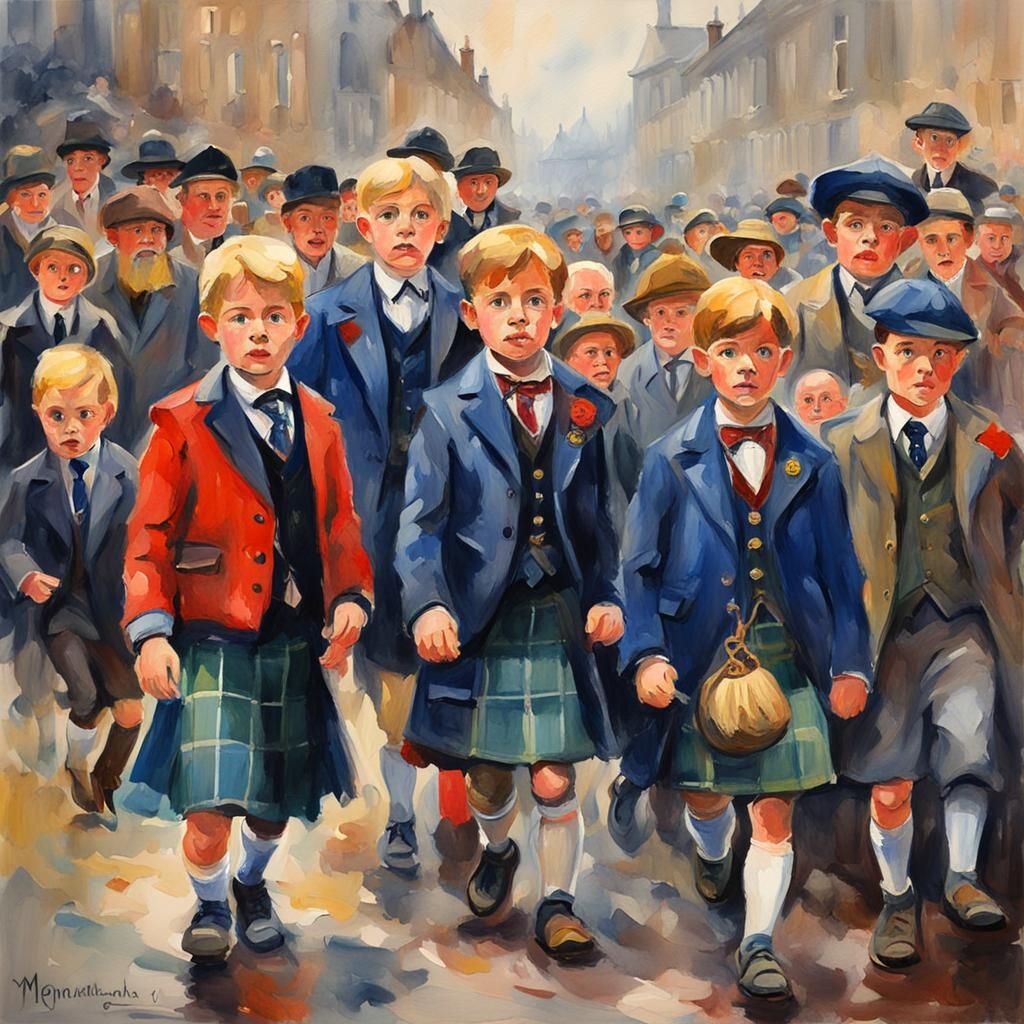 Scottish Children in Politics: Gouache Watercolor Impression
