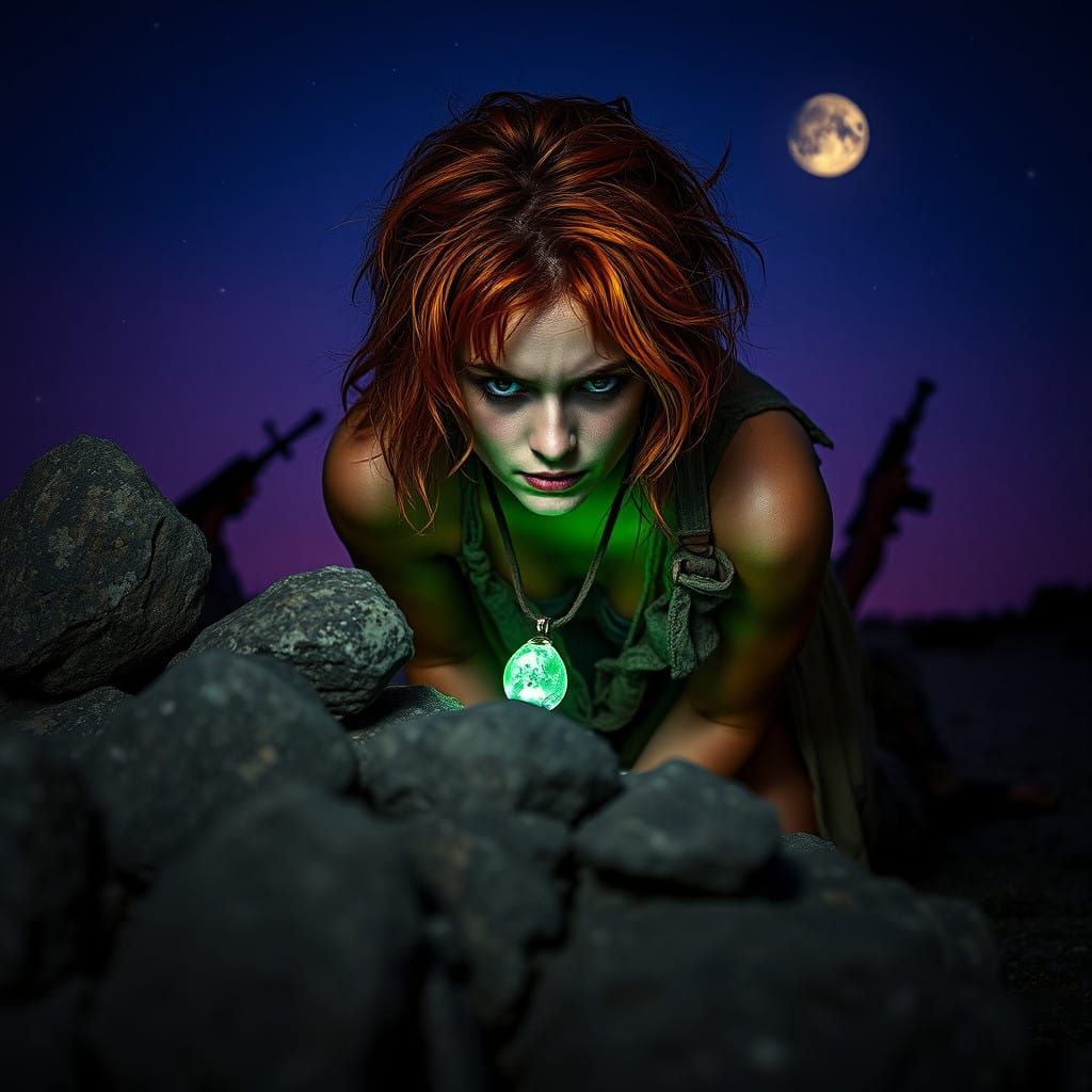 Exhausted Hunted Woman in Earth Tones, Hiding Behind Rocks a...