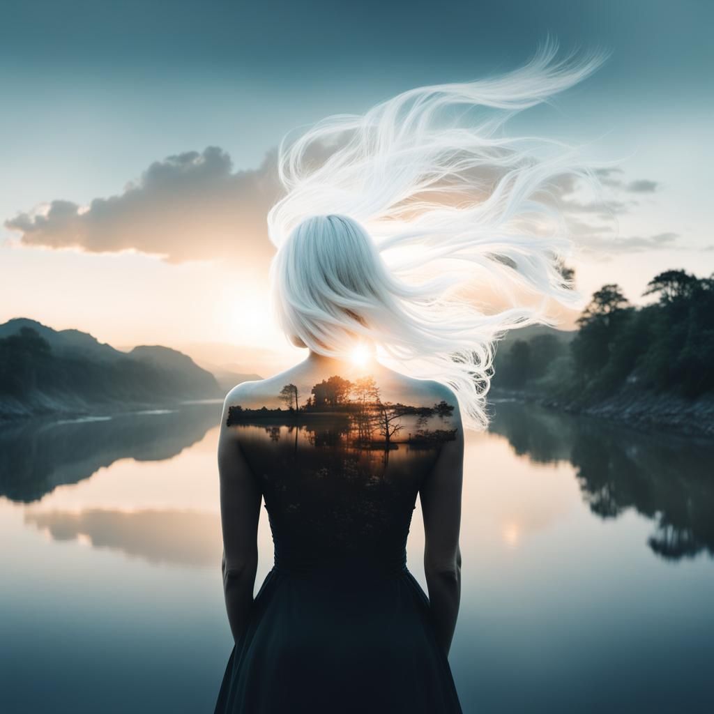 Double Exposure: Girl and Dawn Over River