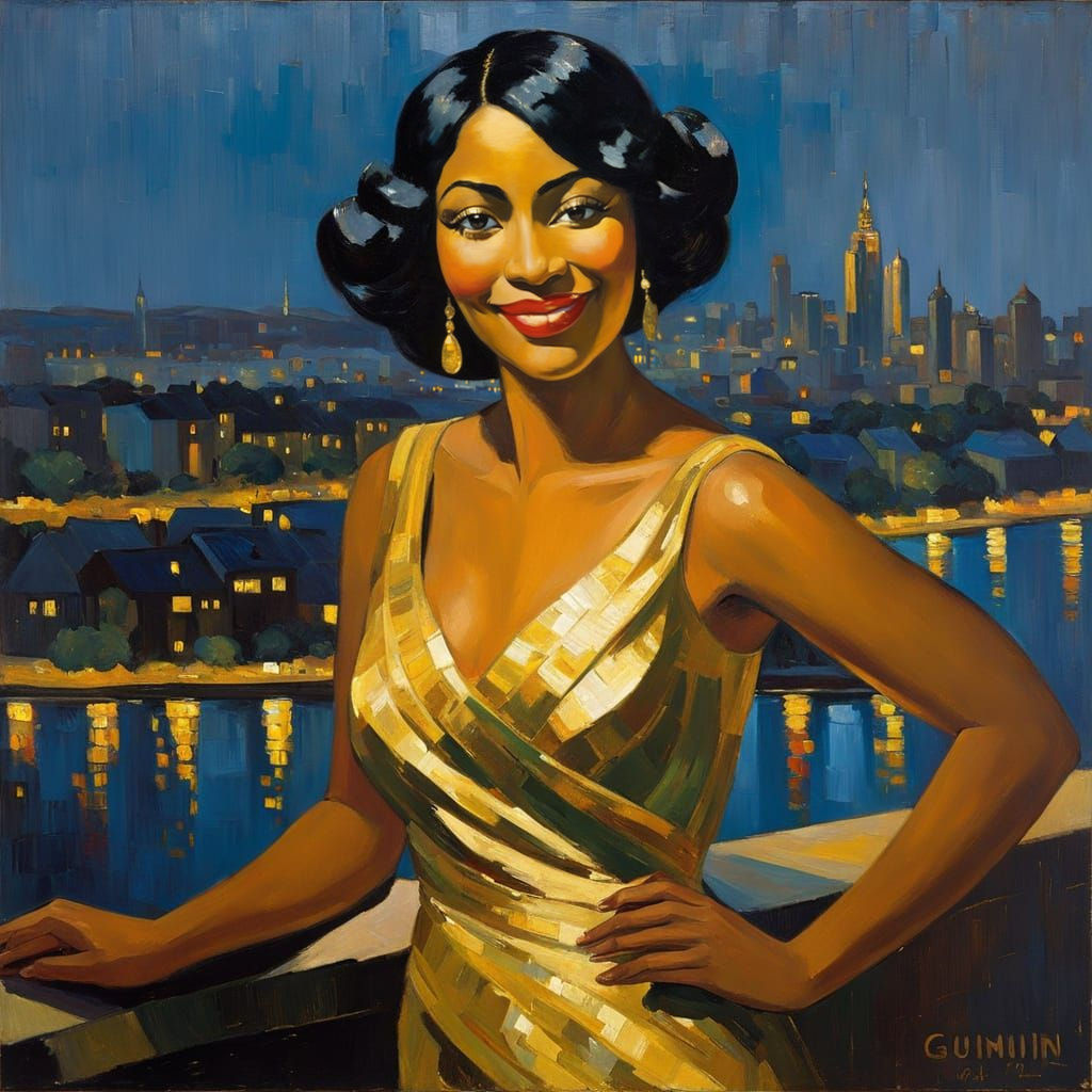 Elegant Woman in Golden Gown: Impasto Oil Painting