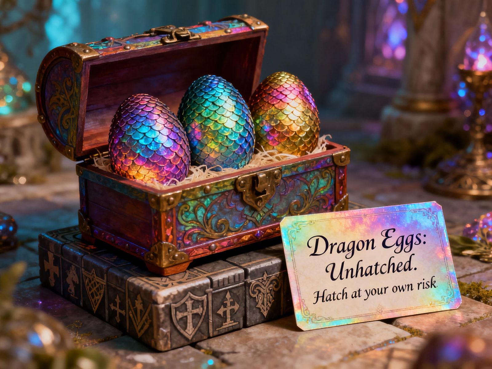 Colorful Dragon Eggs in Ornate Chest