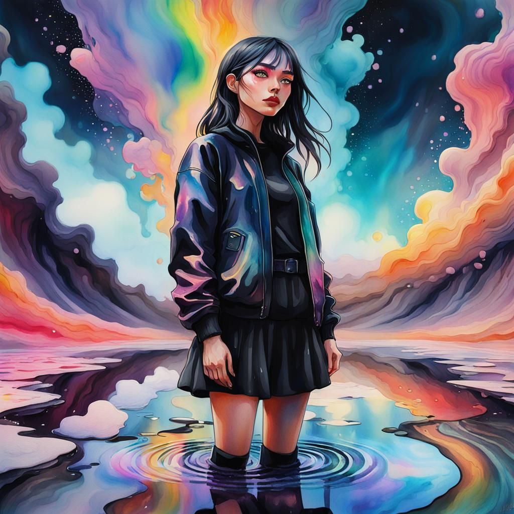 Girl Stares at Watercolor Sky in Anime Style