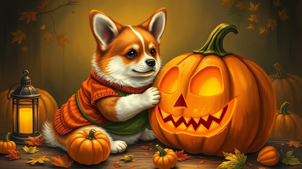 Corgi Carving a Jack-o-Lantern in Digital Folk Art