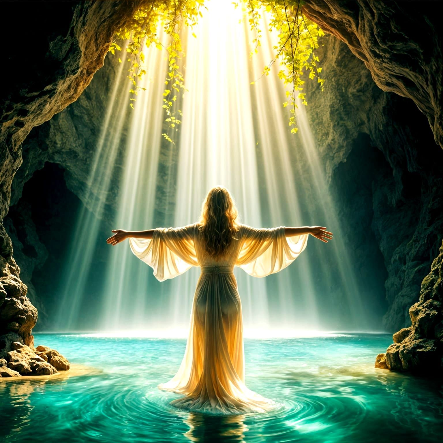 Ethereal Goddess Embracing Celestial Light in Crystal Cavern