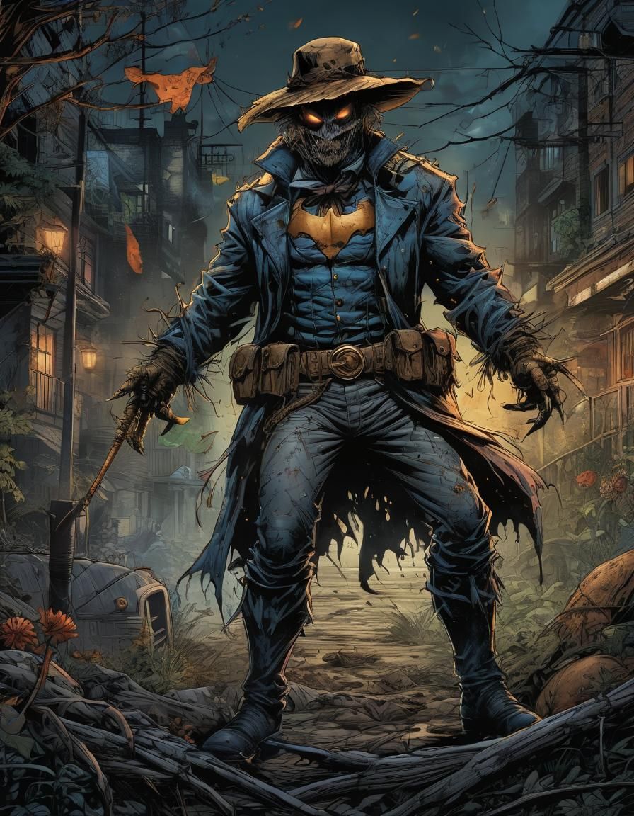 Scarecrow Gassing Officer in Comic Book Style