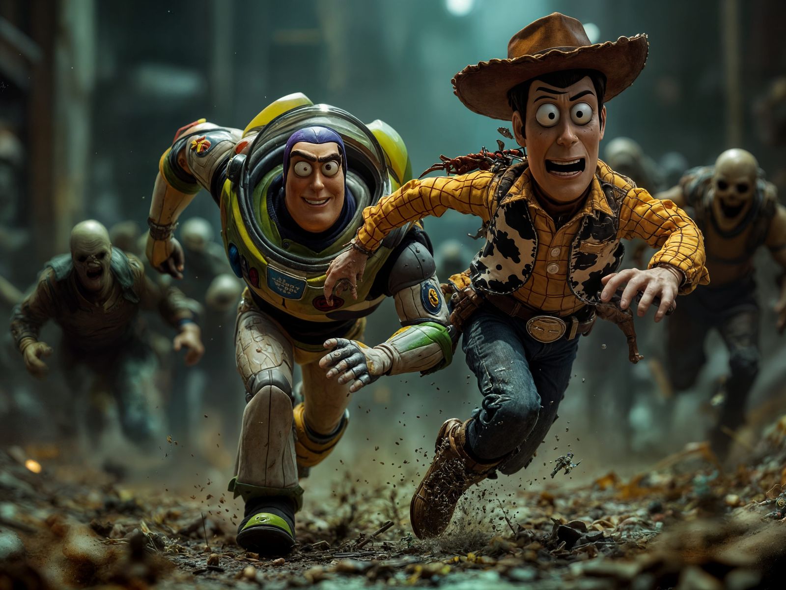 Buzz and Woody Flee Zombie Toys: Horror Concept Art
