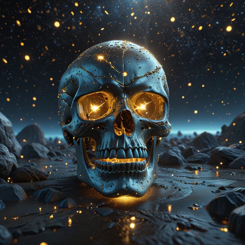 Cosmic Horror: Golden-Eyed Skull in Starry Sea