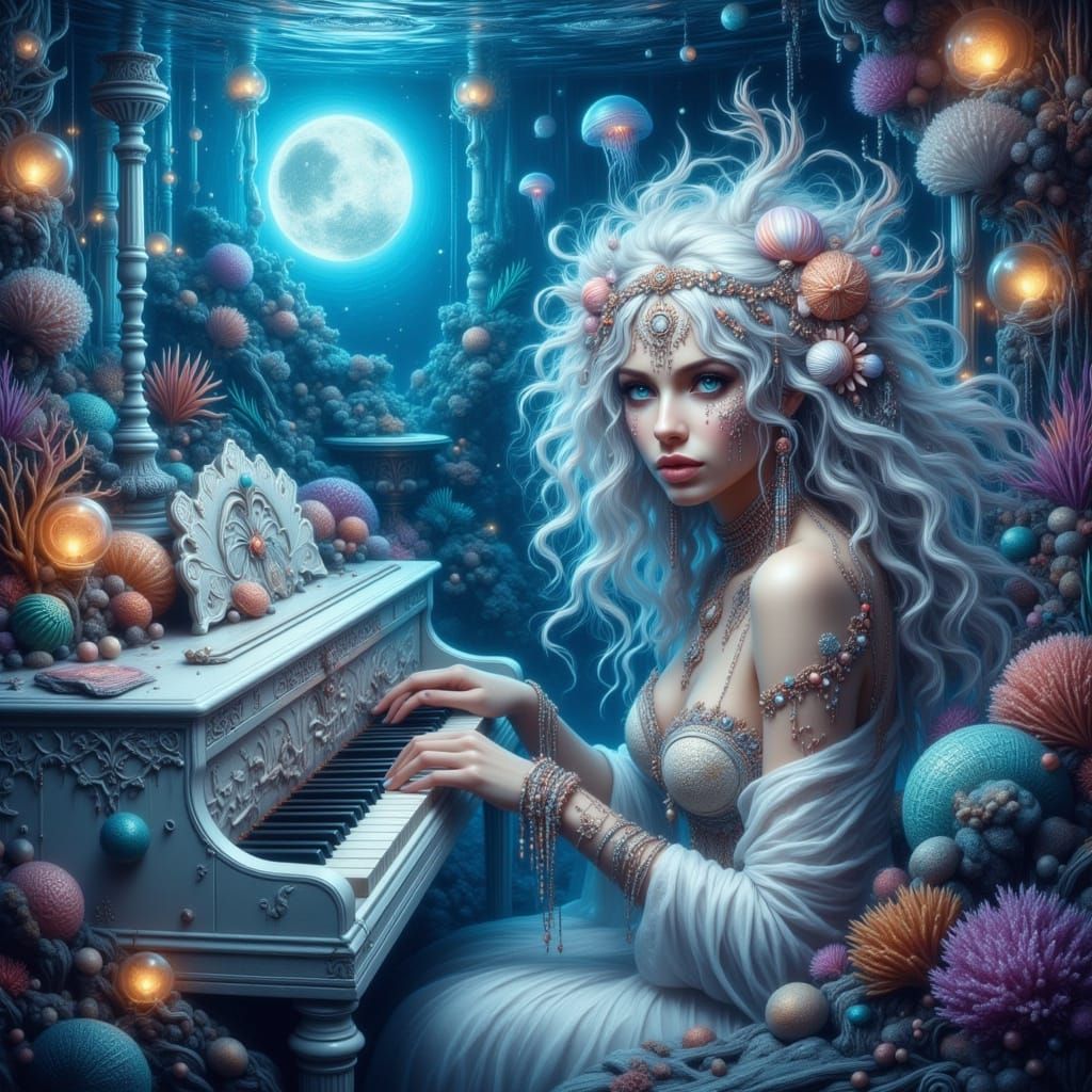 Serene Water Nymph Plays Piano Under the Sea