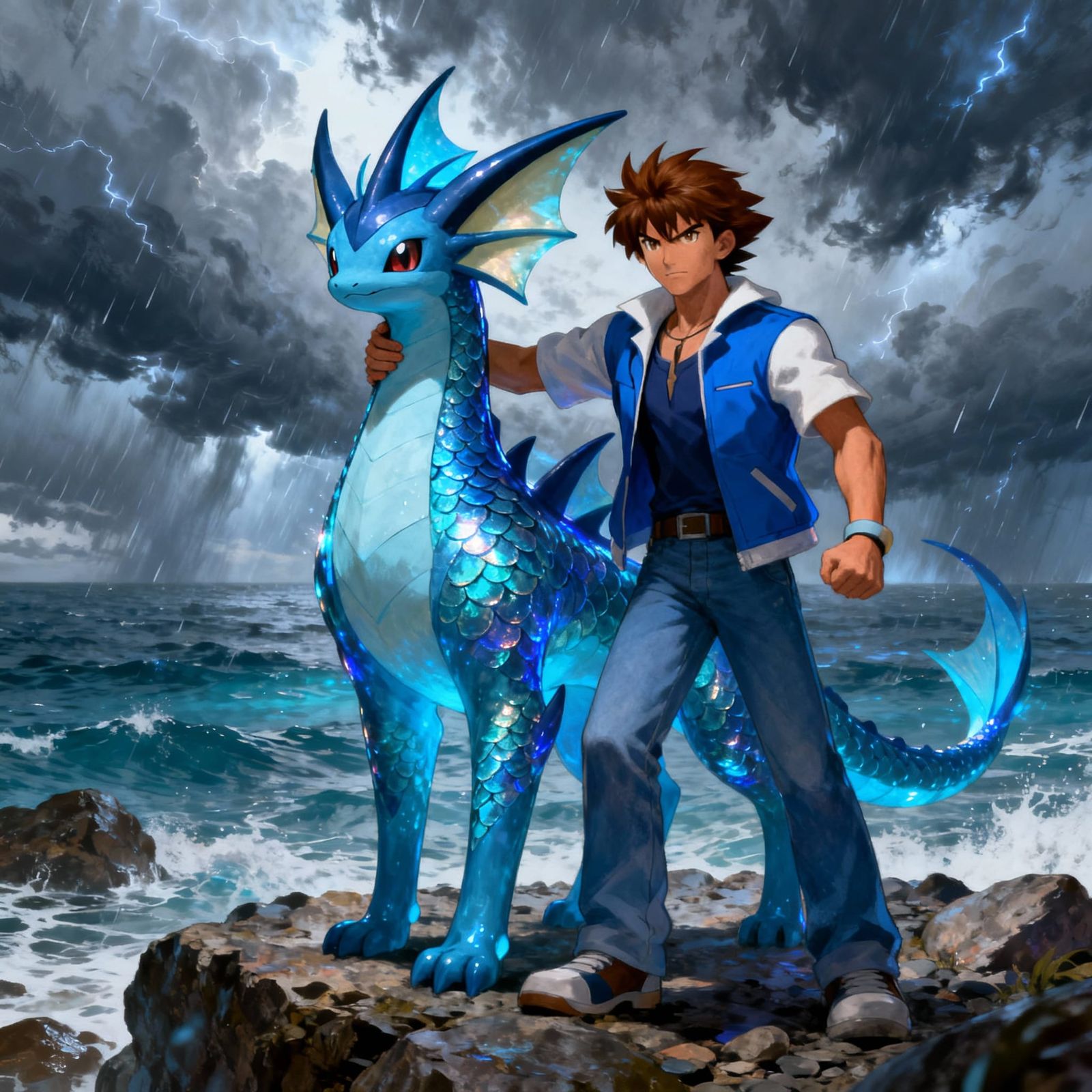 Vaporeon and Trainer on Stormy Shoreline in Fantasy Concept ...
