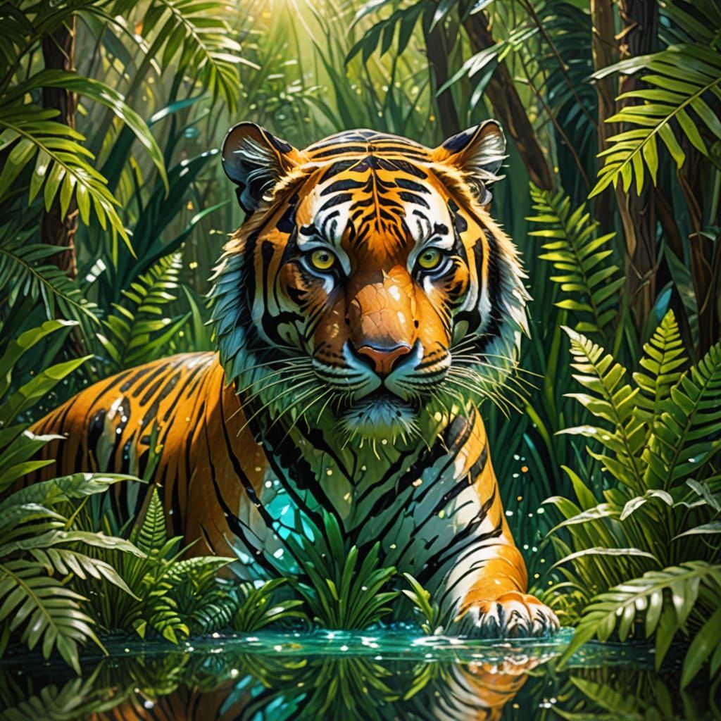 Cut Glass Tiger Runs Through Jungle, Surreal Oil Painting
