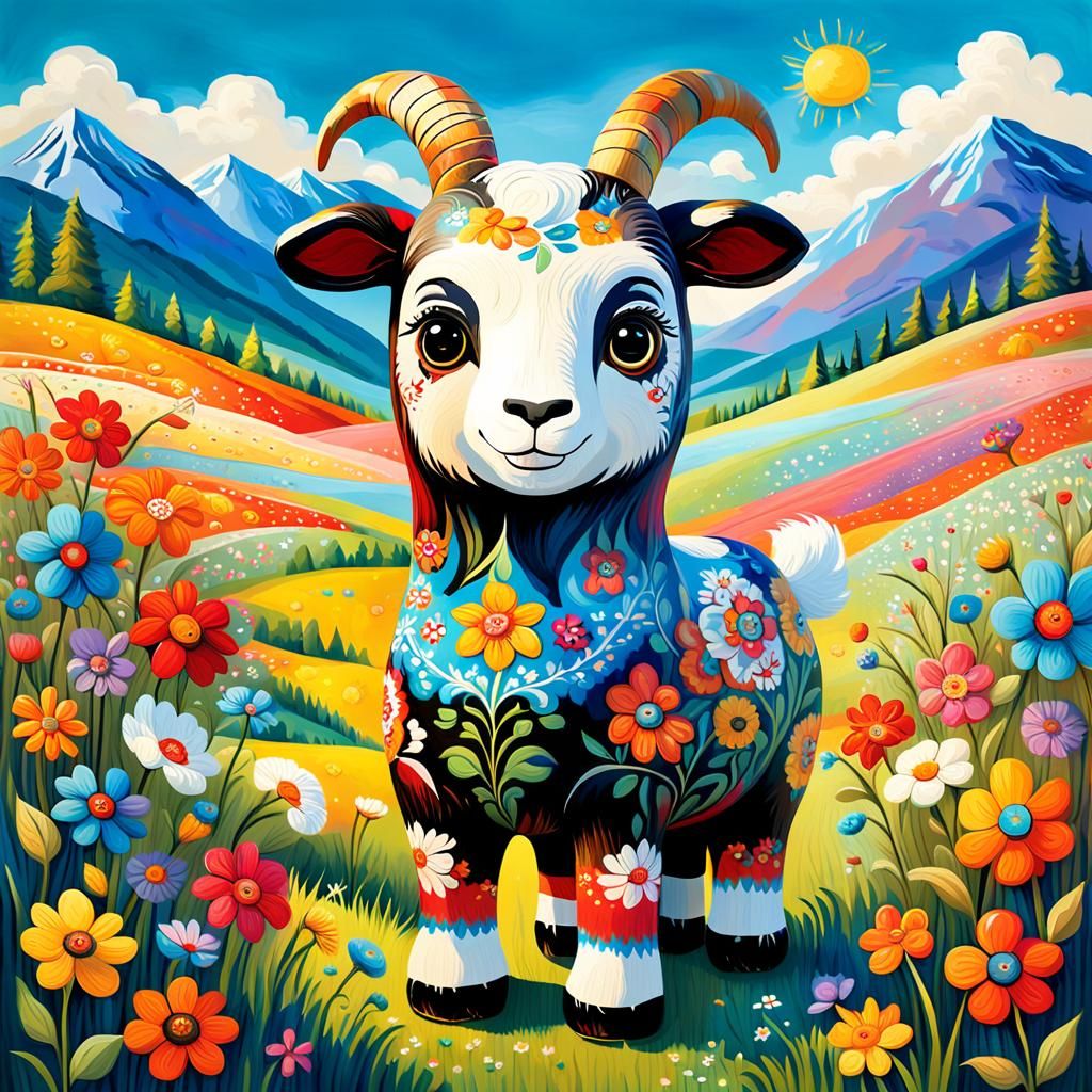 Whimsical Khokhloma Goat Doll in Floral Meadow