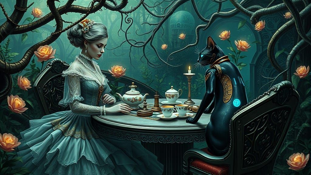 Victorian Lady Meets Futuristic Feline in Cyberpunk Garden