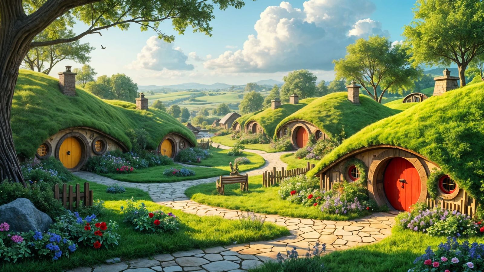 Charming Hobbit Village in Lush Green Shire, 3D Render