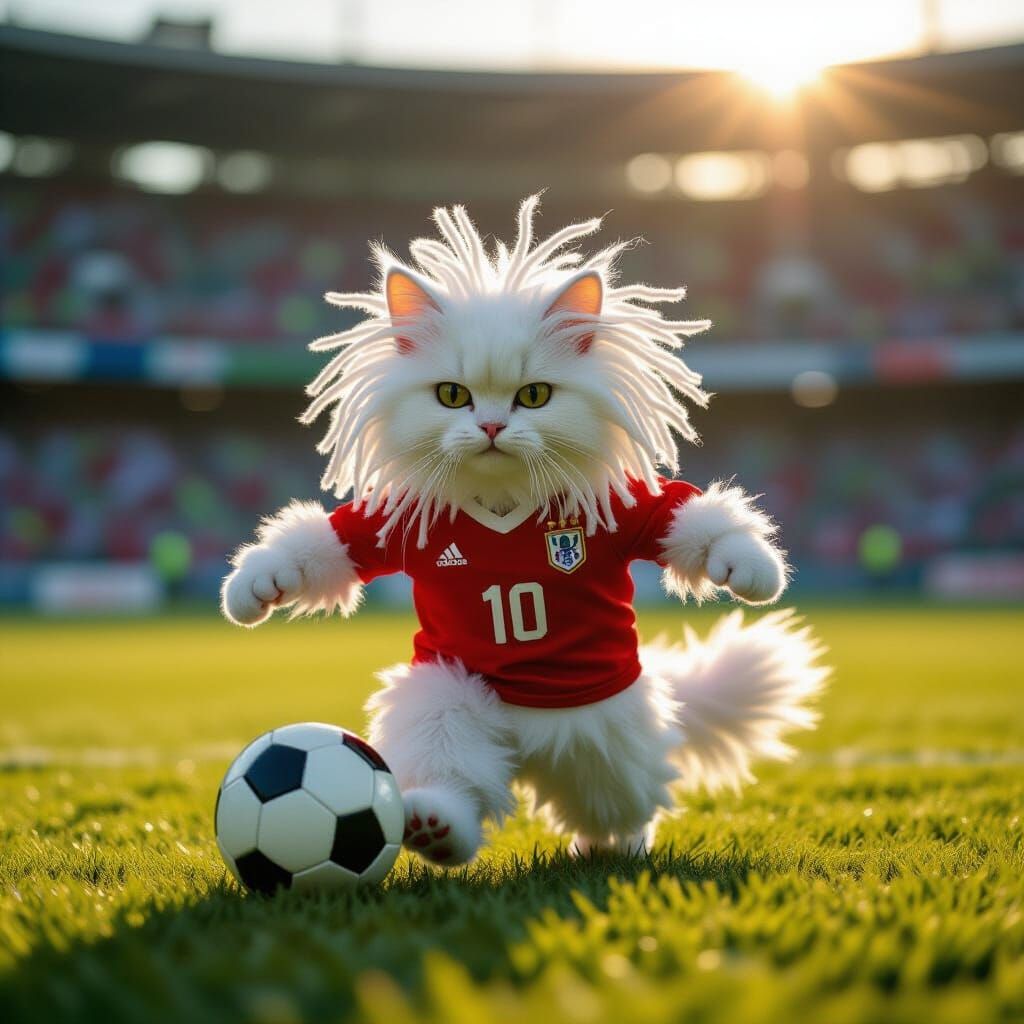 Angora Cat Plays Soccer in Stadium: Cinematic Film