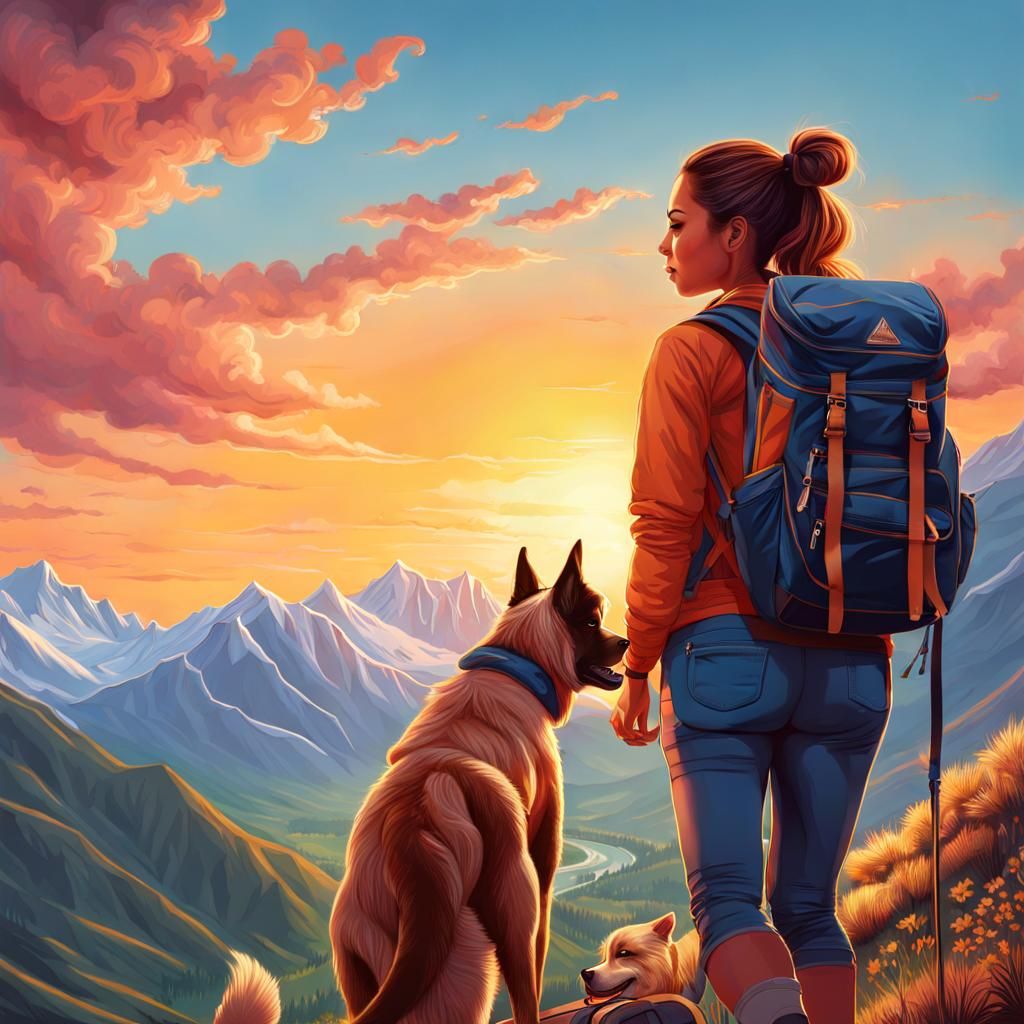 Girl and Dog Hiking at Sunset, Hyperrealistic Illustration