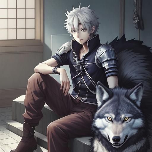 Anime Boy and Wolf in Manga Style