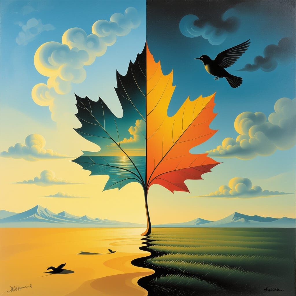 Leaf Travels Through Seasons in Surrealist Style
