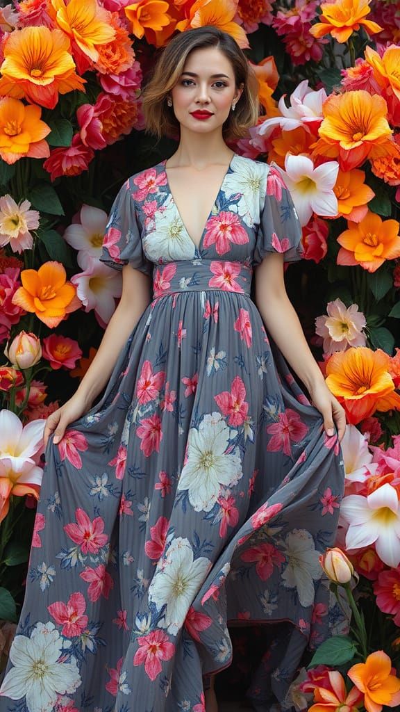 Woman in Floral Dress: Hyperrealistic Floral Portrait