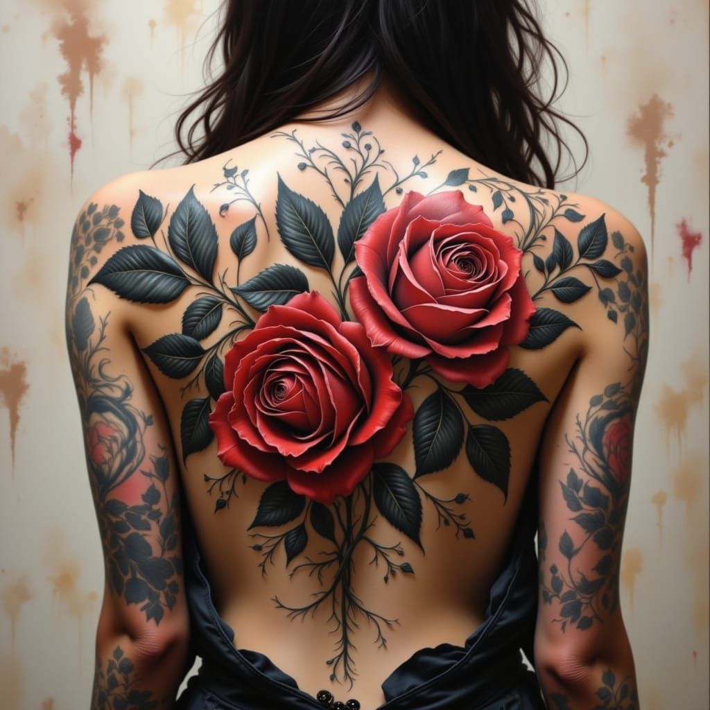 Rose Back Tattoo Design with Cracked Flux Style