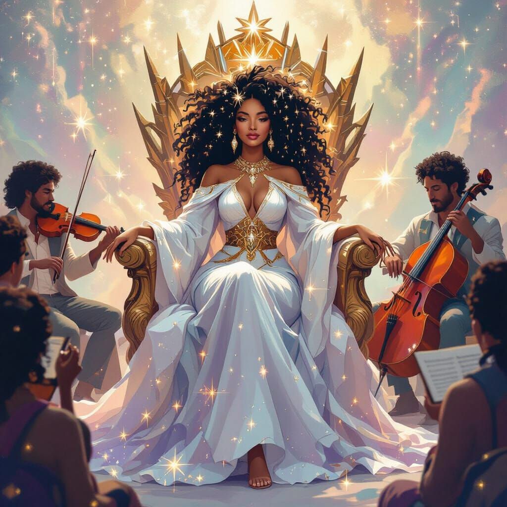 Afro-Latina Goddess on Star Throne in Whimsical Style