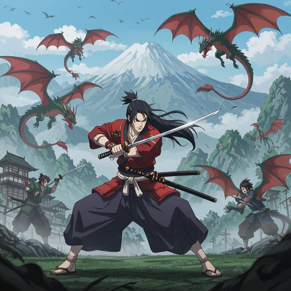 Elf Samurai Battles Wyverns in Anime Style