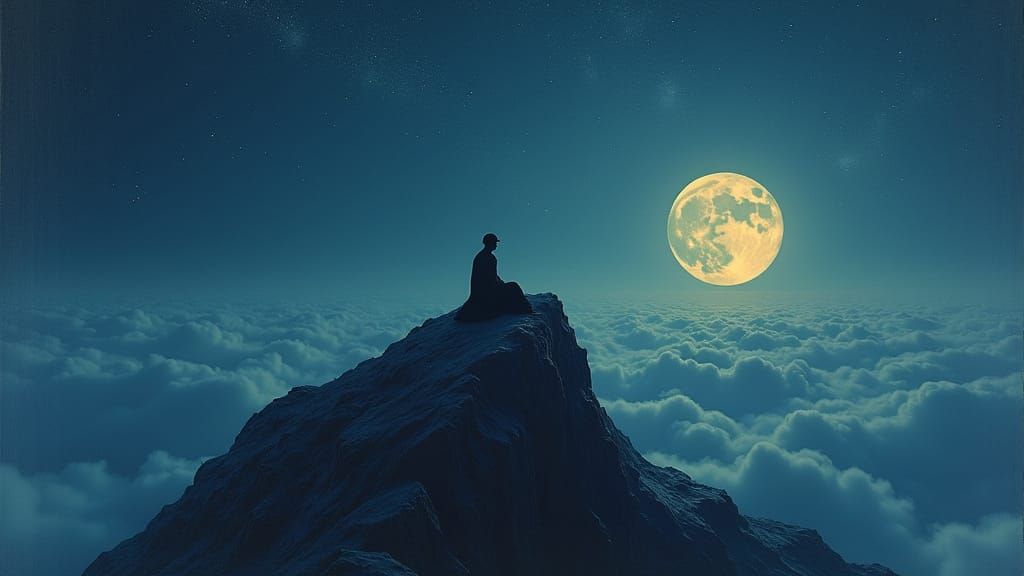 Contemplative Figure Lost in Existential Musings Under Moonl...